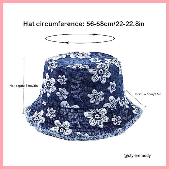 Vintage Cotton Denim Bucket Hat with Floral Embroidery and Pocket main image 4